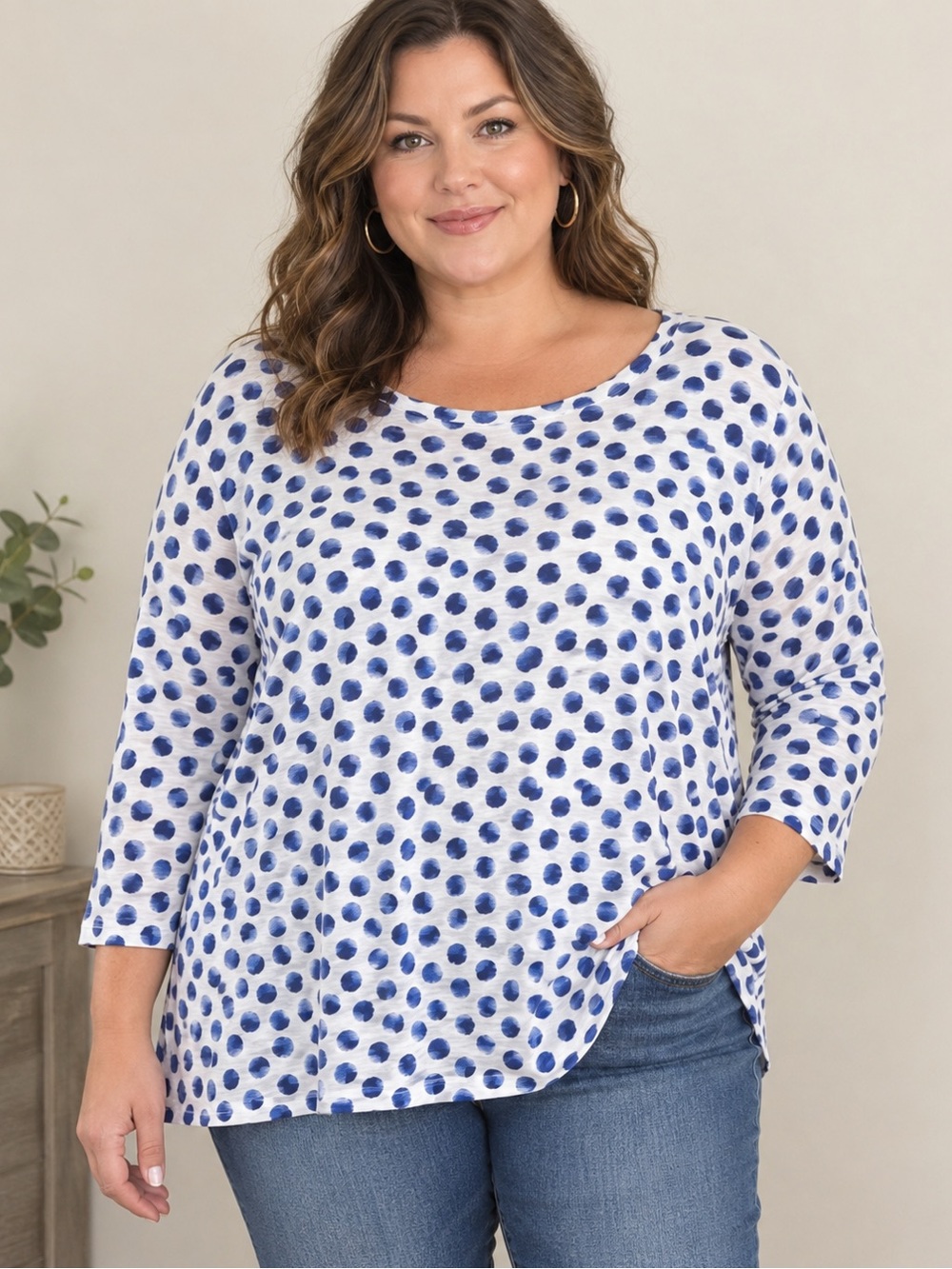 Grace Blue & White Polka Dot 3/4 Sleeve Knit Top Women’s XL